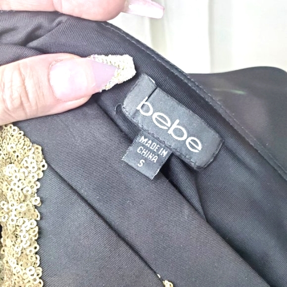 Bebe Womens Dress Luxury Designer Fitted Black Gold Sequins Dress-S - Picture 5 of 5